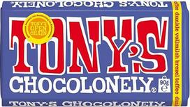 TONY'S CHOCOLONELY - Tamsus pieniškas šokoladas su pretzeliais ir irisais 90 g - Sąžiningai parduodamas šokoladas. Be palmių aliejaus, pagamintas Belgijoje