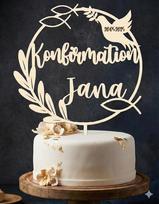 Tortas Topper Krikštynos Komunija Patvirtinimas - Dydis: 15-20 cm, personalizuotas su vardu ir data - Tortas Topper Medinė religinė šventė - Torto dekoracija su balandžiu ir vainiku - Individualiai graviruotas