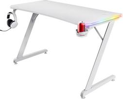 Trust Gaming GXT 709W Luminus RGB Gaming Tisch mit LED Beleuchtung, 10 Modi, USB-Betrieb, Gaming Schreibtisch Weiß mit Headset und Getränkehalter, Computertisch 120 x 60 für Büro, Gamer