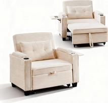 TUKAILAI 3-in-1 sofa-lova su lovos funkcija, miegamojo kėdė su reguliuojamu atlošu, lovos dėžės porankis, gėrimų laikiklis, viengulė sofa-lova svečiams, mažiems kambariams ir butams (velvetas, smėlio spalvos)
