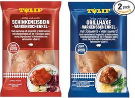 TULIP 600 g grilio kirvis + 600 g "Eisbein" | Vakuuminėje pakuotėje paruošti stalui | Lengva paruošti orkaitėje per maždaug 30-40 minučių | Kumpio ledo koja ir kiaulienos nugarinė be atvėsinimo