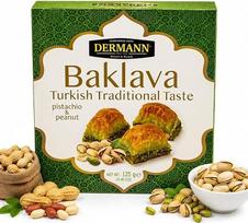Turkijos baklava, 125 g, su pistacijomis ir žemės riešutais – 4 sluoksniuotų pyragaičių pakuotė