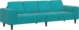 Turkio spalvos aksominė 4-vietė sofa be pufo, pagaminta iš medžio, matmenys: 250 x 77 x 76 cm, matinis paviršius, smailėjančios kojos, patogios sėdimosios vietos, plokščios porankės