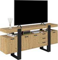 TV spintelė 180 cm, žema lentynėlė televizoriams iki 65 colių, su 2 stalčiais ir 2 durelėmis, TV spintelė, tinkama svetainei / kambariui, ąžuolas + juoda, 180 x 40 x 80 cm