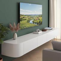 TV spintelė – pakabinama daugiafunkcinė medinė TV spintelė, skirta svetainei; TV komoda su stalčiais ir daiktų laikymo vieta, tinkanti svetainei ir miegamajam (balta, 240 cm / 94,5 coliai)