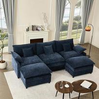 U formos modulinė sofa, 3-vietė kampinė sofa su pufu, gilios sėdynės dizainas, „Cloud Couch“ sofa, skirta svetainei (tamsiai mėlyna)