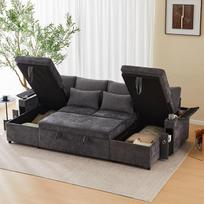 U formos keturvietė sofa-lova su gėrimų laikikliu, kampinė sofa su daiktų laikymo ertme ir miego funkcija, komplekte su gėrimų laikikliu ir pagalvėle, daugiafunkcinė sofa, skirta svetainei ar butui, pilkos spalvos