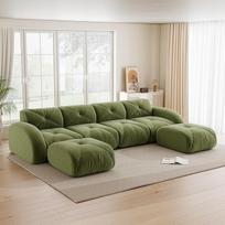 U formos modulinė sofa, rahmenloses Sofa, 4-Sitzer-Kombinationsofa-Set, inklusive 2 Hockern, geeignet für das Wohnzimmer, bequemer Stoff, Grünes, Rutschfestes Design, Keine Montage erforderlich