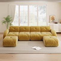 U formos modulinė sofa, Rahmenloses Sofa, 4-Sitzer-Kombinationsofa-Set, inklusive 2 Hockern, Geeignet für das Wohnzimmer, Bequemer Stoff, rutschfestes Design, Gelb, Keine Montage erforderlich