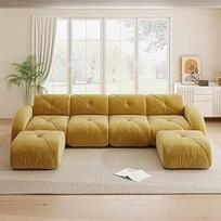 U formos modulinė sofa, rahmenloses Sofa, 4-Sitzer-Kombinationsofa-Set, inklusive 2 Hockern, geeignet für das Wohnzimmer, bequemer Stoff, rutschfestes Design, Gelb, Keine Montage erforderlich