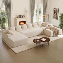 U formos sofa, 338 cm, modulinė sofa, smėlio spalvos | Didelio tankio putplastis, skirta svetainei, gali būti naudojama kaip L formos sofa be vidinių rėmų