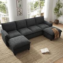 U formos sofa su 2 judamais pėdų atlošais, modulinė kampinė sofa su daiktų dėže, didelė sofa su aukštu atlošu ir gilia sėdimoji dalimi, skirta svetainei, 264,5 cm, šenilė, juoda
