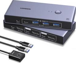 UGREEN DP 1.4 KVM komutatorius, palaikantis 8K @ 60 Hz, skirtas 2 kompiuteriams ir 1 monitoriui, su 4 USB 3.0 prievadais | KVM komutatorius tik su DP jungtimi; 4 USB 3.0 prievadai, 5Gbps (3 x USB A + 1 x USB C), skirti klaviatūrai, pelei, USB atmintinei,
