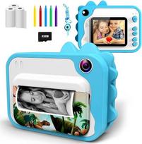 ULEWAY vaikiškas fotoaparatas, skaitmeninis fotoaparatas, momentinis fotoaparatas, 1080P 2,4 colių ekrano vaizdo kamera, juodai baltas fotoaparatas, 32GB kortelė, 3 rulonai spausdinimo popieriaus, 5 spalvos, teptukinis rašiklis, mėlynas