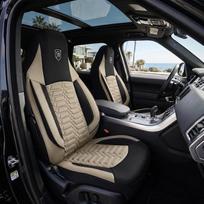 Universalūs automobilių ir visureigių sėdynių užvalkalai – aukščiausios kokybės priekinės sėdynės užvalkalai iš „Lacoste“ audinio, smėlio spalvos/juodi, suderinami su oro pagalvėmis, automobilių sėdynių užvalkalai, priekinės sėdynės komplektas su montavim