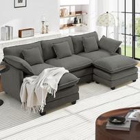 Urhanherry U formos sofa "Debesis", modulinė sekcinė sofa 5 sėdimų vietų su 2 otomanais, šiuolaikinė sofa su porankiais / dekoratyvinėmis pagalvėlėmis, kvėpuojantis šenilinis audinys, U formos sofa-lova gyvenamajam kambariui, tamsiai pilka