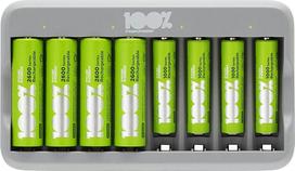 USB AA ir AAA NiMH baterijų įkroviklis su 4 AA 2300 mAh ir 4 AAA 800 mAh baterijomis | 100 % maksimalus našumas | Kompaktiškas įkroviklis su 8 skyreliais