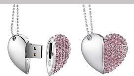 USB atmintinė, 128GB, aukštos kokybės, atspari vandeniui, su širdelės ir deimanto motyvais, didelės spartos USB 2.0 duomenų atmintinė (1 vnt.) Rožinė