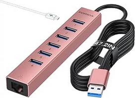 USB eterneto adapteris su USB 3.0 koncentratoriumi ir RJ45 Gigabit LAN tinklo kabeliu, 1 eterneto, 7 USBA 3.0 prievadais ir 15 W maitinimo jungtimi, tinklo adapteris "Windows XP", "Mac OS" ir kitiems nešiojamiesiems kompiuteriams (rožinis auksas)