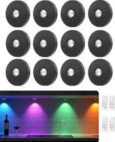 USB įkraunamas LED prožektorių akumuliatorius su nuotolinio valdymo pulteliu, RGB spalvų keitimo apšvietimas, magnetinis šviesos diodų apšvietimas, belaidis vitrinų apšvietimas su laiko nustatymo funkcija, juodas (12 vnt.)