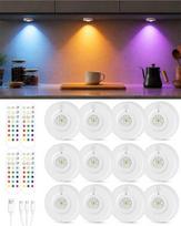 USB įkraunami LED prožektoriai su nuotolinio valdymo pultu, 12 vnt. rinkinys: RGB spalvų keitimo apšvietimas po spintele, magnetiniai reguliuojamo ryškumo apvalūs šviestuvai, spintelių apšvietimas, belaidis vitrinų apšvietimas su laikmačiu | belaidis apšv