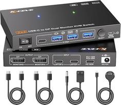 USB-C KVM komutatorius, 2 monitoriai, 2 nešiojamieji kompiuteriai, 4K @ 60 Hz, 2 DP ekrano išplėtimo jungtys, 4 x USB 3.2, PD 100 W, su laidiniu nuotolinio valdymo pultu ir USB-C kabeliu