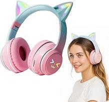Vaikiškos ausinės "Cat Ears", belaidės "Bluetooth" ausinės, sulankstomos, HD stereofoninės, integruotas mikrofonas, tinkančios mobiliajam telefonui, planšetiniam kompiuteriui, sporto ausinėms (mėlynos spalvos gradientas)