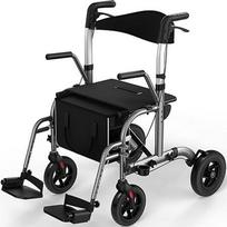 Vaikštynė su sėdyne, "2-in-1" 4 ratų riedėjimo riedėjimo ir transportavimo kėdutė, 136 kg keliamoji galia, 8" priekiniai ir 10" galiniai TPU ratai, dviguba stabdžių sistema, sulankstoma konstrukcija, reguliuojamas aukštis, su pirkinių krepšiu - pilka