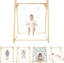 Vaikų medinė sūpynė patalpoms su rėmu, 3-in-1 „Teepee“ palapinė vaikams, kabamosios sūpynės, vaikų hamako sūpynės, sėdimoji sūpynė su lenta, sūpynės su lenta vaikams (kreminė balta)