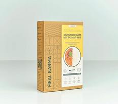 Valgis Karma Baingan Bharta su basmati ryžiais, klasikinis indiškas paruoštas valgis, paruošimas per 5 minutes
