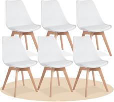 Valgomojo kėdės, virtuvės kėdės su ergonomišku atlošu, paminkštinta sėdyne ir buko masyvo kojomis (baltos spalvos, 6 kėdės)