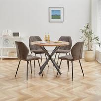 Valgomojo komplektas stalas ir kėdės, 100 cm apvalus valgomojo stalas ir 4 lininės valgomojo kėdės, 4 kėdės ir stalas virtuvei, valgomajam ir svetainei (juodas LX, 100 x 100 x 76,5 cm (tamsaus medžio spalva))
