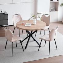 Valgomojo komplektas su stalu ir kėdėmis: 100 cm skersmens apvalus valgomojo stalas ir 4 modernios lininės kėdės, tinkamas valgomajam, virtuvei ir svetainei (šviesios medžio tekstūros + smėlio spalvos)