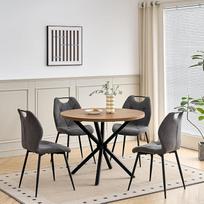 Valgomojo komplektas: stalas ir kėdės, 100 cm skersmens apvalus valgomojo stalas su 4 lininėmis valgomojo kėdėmis ir rankena, skirtas virtuvei, valgomajam ir restoranui (tamsaus medžio apdaila + tamsiai pilka spalva)