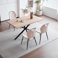 Valgomojo stalas su 4 kėdėmis, valgomojo komplektas, 140 x 78 x 77 cm, stačiakampis medinis valgomojo stalas, 4 kėdės su aukšta atlošine, juodos metalinės kojos, šviesiai rudos spalvos stalas + smėlio spalvos kėdės