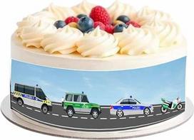 Valgomos torto juostelės su policijos automobiliais, skirtos torto papuošimui – 4 juostelės, 20 x 5 cm, pietums