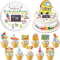Valgomosios vaflinės torto dekoracijos „17 x Pirmoji mokyklos diena“ | „Esspapier“ mokinuko torto dekoracija, torto juostelė, ABC, 123, mokyklos dovanų maišelis, cupcake papuošalas berniukams ir mergaitėms, mokyklos pradžios šventės dekoracija