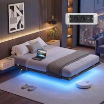 VASAGLE 140 x 200 cm lovos rėmas su „plaukiojančio“ efekto apšvietimu, LED apšvietimu, nuimamu maitinimo bloku, 2 kintamosios srovės lizdais, 1 USB-C prievadu, 2 USB-A prievadais, atlaiko 500 kg, tamsiai juodos spalvos, RMB174B101