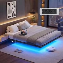 VASAGLE 160 x 200 cm lovos rėmas su „plaukiojančio“ efekto apšvietimu, LED apšvietimu, nuimamu maitinimo bloku, 2 kintamosios srovės lizdais, 1 USB-C prievadu, 2 USB-A prievadais, atlaiko 500 kg, tamsiai juodos spalvos, RMB175B101