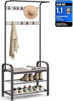 VASAGLE drabužių kabykla su batų suoliuku, 4-in-1 dizainas, 9 nuimami kabliai, drabužių skersinis, prieškambaris, koridorius, 33,7 x 72 x 183 cm, pramoninis dizainas, pilkai ruda–juoda HSR40MB