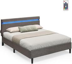 VASAGLE lova 140 x 200 cm, svečių lova su LED apšvietimu, dvigulė lova su USB ir C tipo jungtimi, lovos rėmas, minkšta lova su galvūgaliu, lovos rėmas, moderni, tamsiai pilka RMB803G71