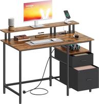 VASAGLE žaidimų stalas su medžiaginiais stalčiais, kompiuterio stalas su ekrano laikikliu, keliais kištukiniais lizdais, 2 USB prievadais, namų biurui, 120 x 60 cm, kaimiškai rudos spalvos LWD093K01V1