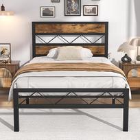VECELO Einzelbettgestell mit rustikalem Vintage-Holz-Kopfteil, robuste Metalllamellenstütze, Plattform-Matratzenboden, kein Boxspringbett, kein Lärm, einfache Montage