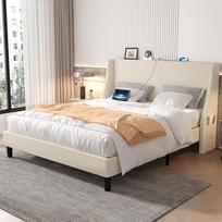 VECELO Minkšta dvigulė lova 55" x 75" (140 x 190 cm) Didelio svorio medinių lentjuosčių stovas su šoninėmis laikymo kišenėmis ir 2 USB jungtimis Modernus lovos rėmas Lengvai surenkamas smėlio spalvos
