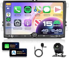 VECHTEL 4G + 64G automobilinis radijas "Android 15", skirtas VW Golf 5 6 Passat Jetta Caddy EOS T5 Tiguan Touran CC Polo, 9 colių IPS HD jutiklinis ekranas su belaidžiu "Carplay" ir "Android" "Bluetooth", GPS, WiFi, USB/TYP-C, FM, RDS