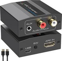 VEDINDUST HDMI ARC adapteris ARC garso ekstraktorius RCA L/R 3,5 mm AUX stereo su USB maitinimo šaltiniu ir HDMI ARC kabeliu Aliuminio lydinys, skirtas PS4/5 HDTV stiprintuvui