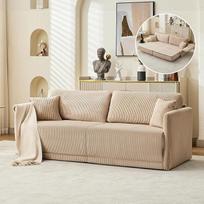 Velveto sofa su miego funkcija, dvivietė sofa-lova, velveto apmušalas, su pagalvėmis, išskleidžiama (smėlio spalvos)