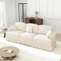 Viduramžių stiliaus sofa su miego funkcija, 3 vietų, su piltuvėlio formos porankiais, nuimamu raukiniu ir verpstės formos kojomis, Chennille audinys, 272 x 83,5 x 93 cm (balta)