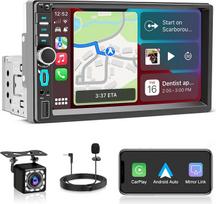 Vieno DIN dydžio automobilių radijas su ekranu, belaidžio „CarPlay“ ir „Android Auto“ palaikymu, 7 colių jutikliniu ekranu, „Bluetooth“ laisvų rankų įranga, FM, GPS navigacija, „MirrorLink“, HD atbulinės eigos kamera, USB, „Type-C“ jungtis