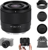VILTROX 25 mm F1.7 „Air FE“ objektyvai su automatiniu fokusavimu, skirti „Sony“ fotoaparatams. Objektyvai su „E-Mount“ jungtimi, skirti „APS-C“ formato fotoaparatams. Standartiniai objektyvai su didele diafragma, suderinami su „Sony“ modeliais: a6000, a61